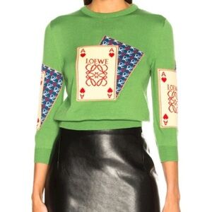 Loewe Sweater Womens Medium Green Knit Cropped Crew Neck Poker Cards Rare Unique